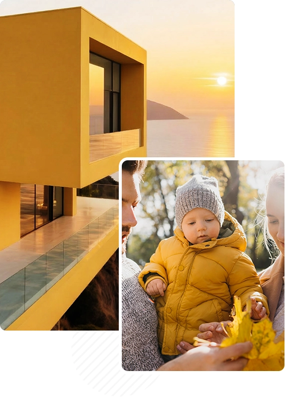 pagina inicial com 2 imagens de uma casa amarela e uma familia com a crianca vestida de amarelo